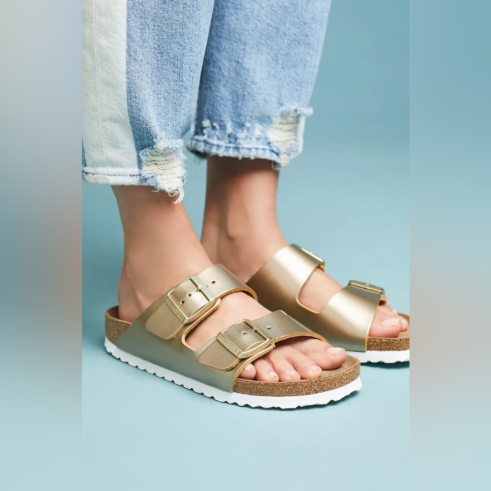 Ethem Genuins Canton Double Buckle Slide Sandal Gold Size 8-8.5